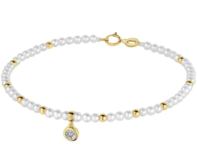 Apart Bransoletka z brylantem, perłami i elementami żółtego i białego złota - 18 cm - próba 375< Bransoletki Z Diamentami