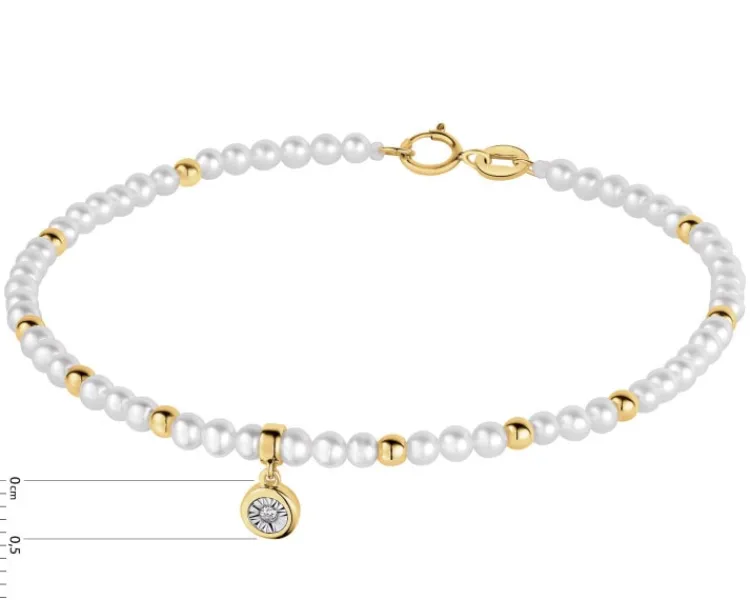 Apart Bransoletka z brylantem, perłami i elementami żółtego i białego złota - 18 cm - próba 375< Bransoletki Z Diamentami