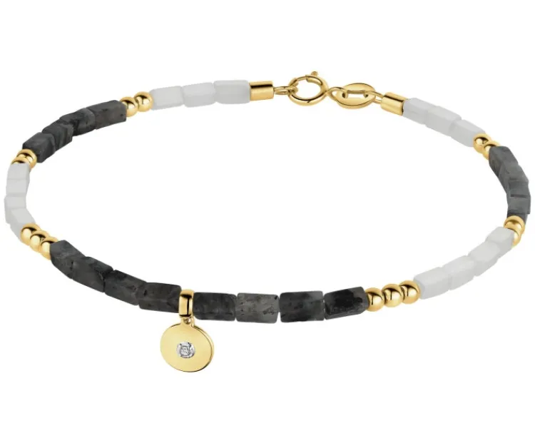 Outlet Apart Bransoletka z diamentem, labradorytami, kryształami górskimi i elementami żółtego złota - 18 cm - próba 375