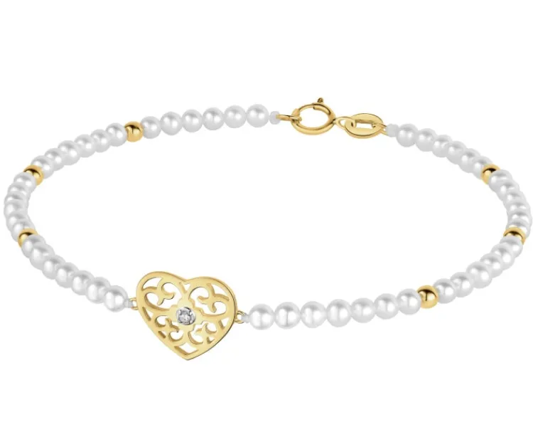 Apart Bransoletka z diamentem, perłami i elementami żółtego złota - serce - 18 cm - próba 375< Bransoletki Z Diamentami