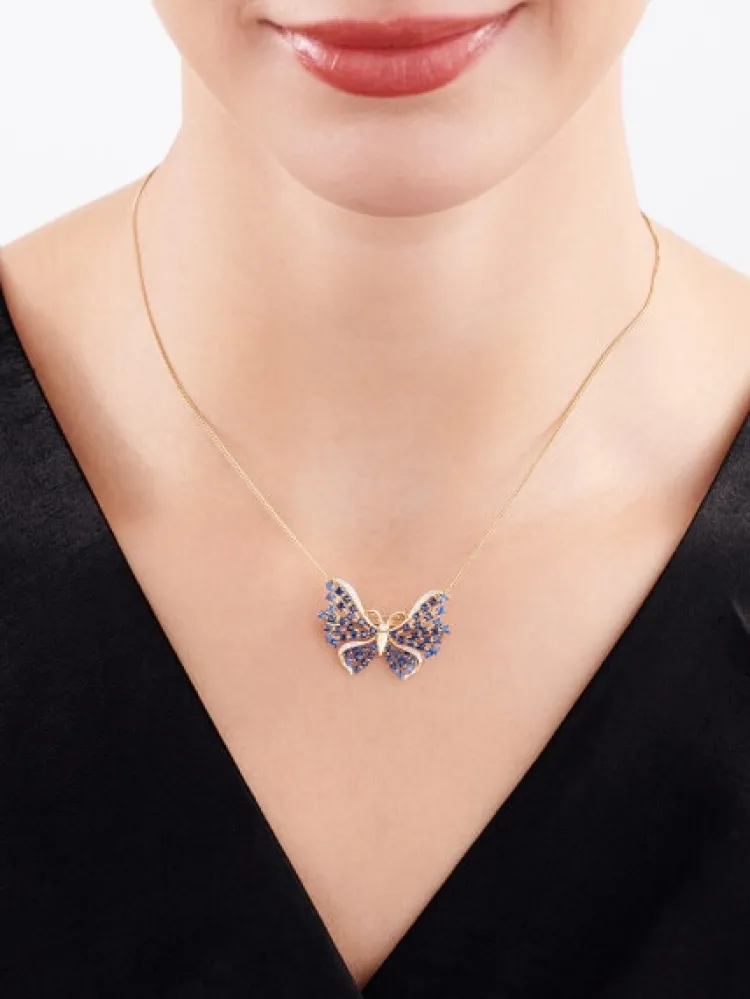 Outlet Apart Broszka - zawieszka z żółtego złota z diamentami i szafirami - motyl - próba 585