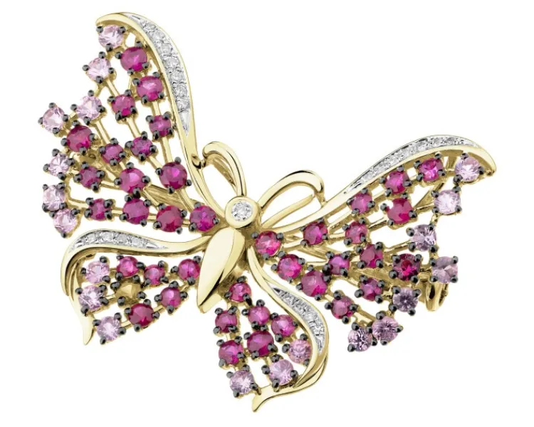 Apart Broszka - zawieszka z żółtego złota z diamentami i kamieniami szlachetnymi - motyl - próba 585< Broszki Z Diamentami