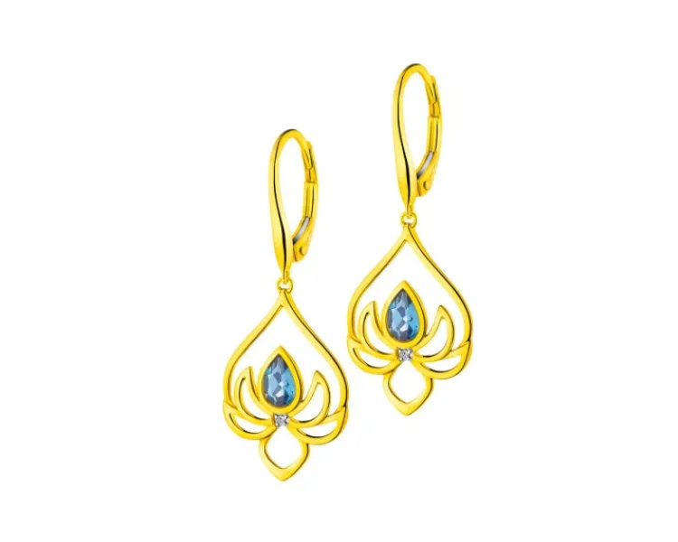 Apart Kolczyki z żółtego złota z diamentami i topazami London Blue - kwiaty lotosu - próba 585< Kolczyki Z Diamentami