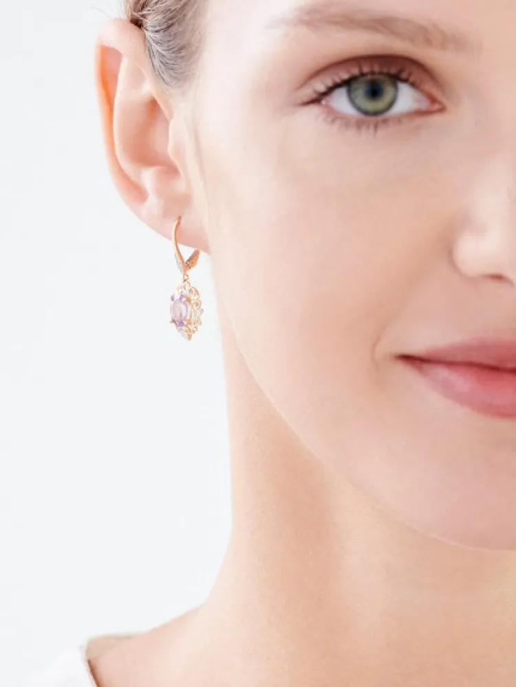 Outlet Apart Kolczyki z żółtego złota z diamentami i ametystami - liście - próba 585