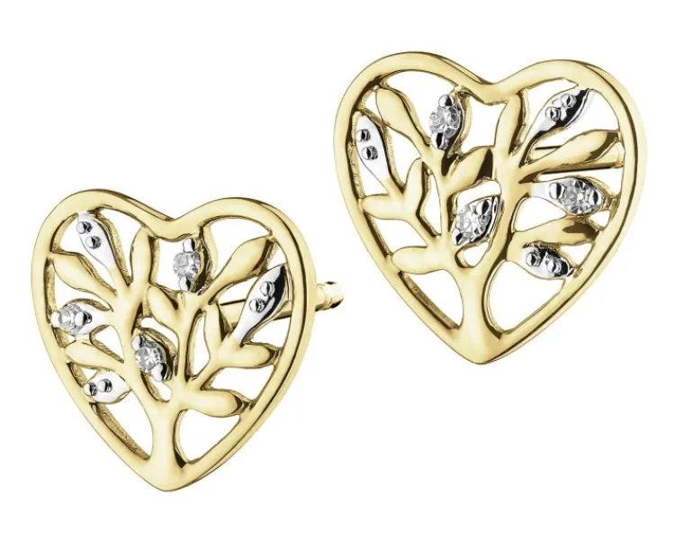 Clearance Apart Kolczyki z żółtego złota z diamentami - serca, drzewka - 0,01 ct - próba 375