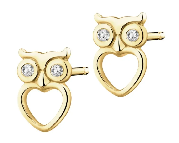 Apart Kolczyki z żółtego złota z diamentami - sowy, serca - 0,01 ct - próba 375