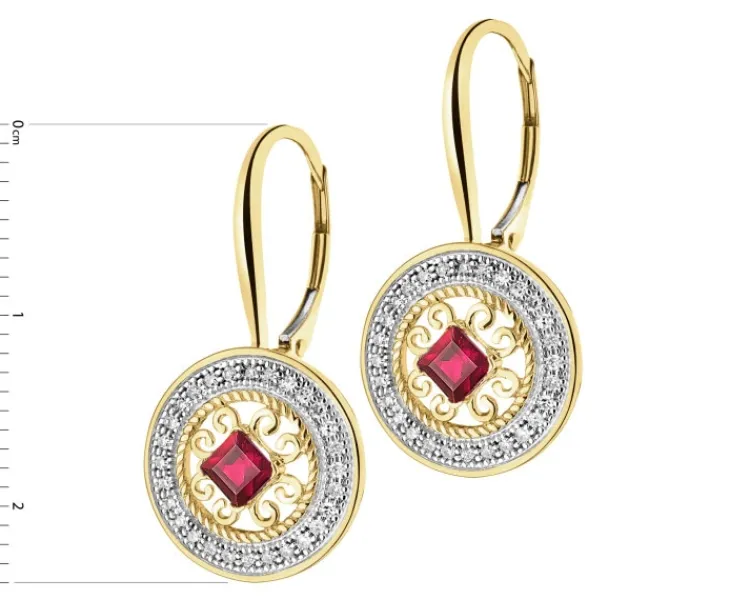 Clearance Apart Kolczyki z żółtego złota z diamentami i rubinami - rozety - próba 585