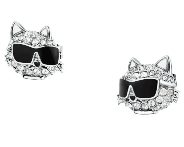 Clearance Karl Lagerfeld Kolczyki ze stali szlachetnej z cyrkoniami i emalią - kot,