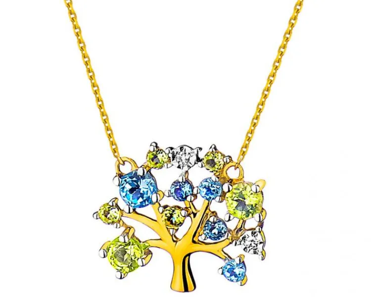 Sale Apart Naszyjnik z żółtego złota z diamentami, peridotami i topazami - drzewko - próba 375