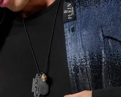 Hot Philipp Plein Naszyjnik ze stali szlachetnej z kryształami - czaszka, nieśmiertelnik,