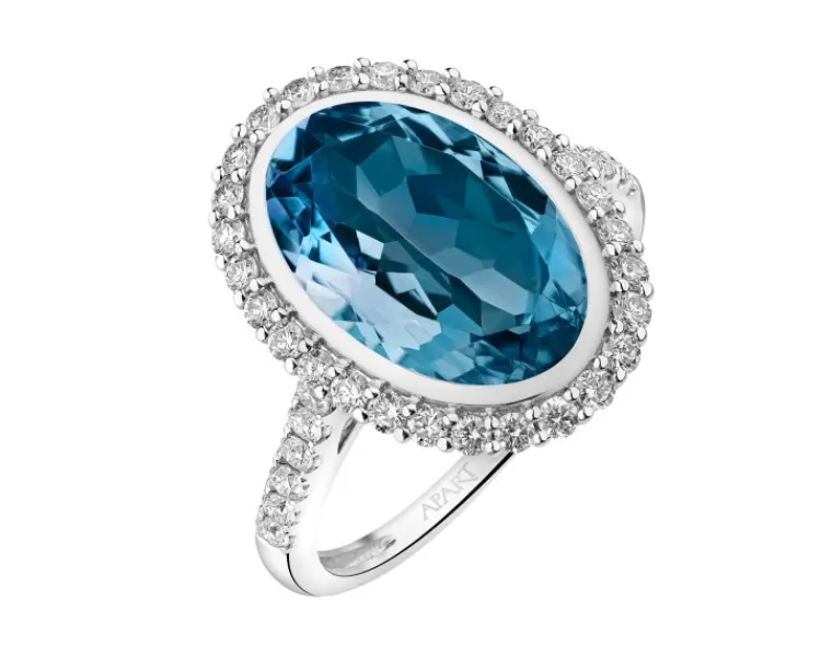 Hot Apart Pierścionek z białego złota z brylantami i topazem London Blue - próba 585
