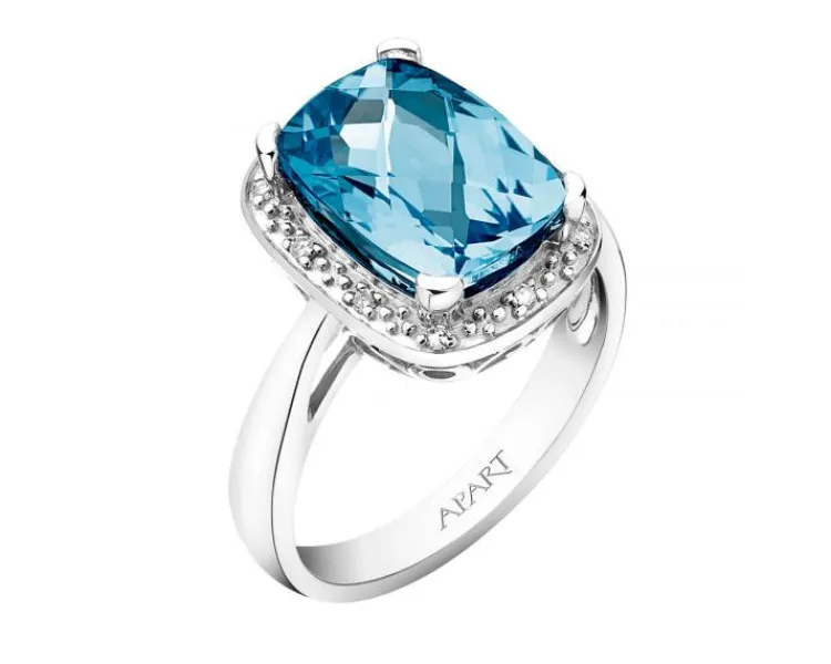 Outlet Apart Pierścionek z białego złota z diamentami i topazem London Blue - próba 585