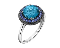 Hot Apart Pierścionek z białego złota z czarnymi diamentami, szafirami i topazem London Blue - próba 585
