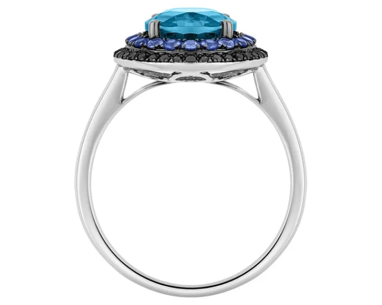 Hot Apart Pierścionek z białego złota z czarnymi diamentami, szafirami i topazem London Blue - próba 585