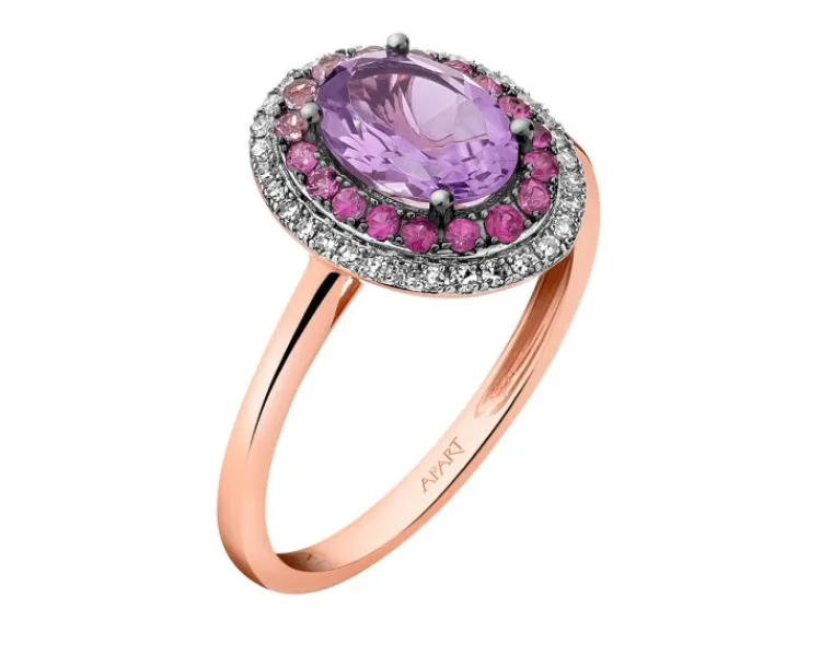 Apart Pierścionek z różowego złota z diamentami, szafirami i ametystem - próba 585