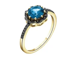 Discount Apart Pierścionek z żółtego złota z czarnymi brylantami i topazem London Blue - próba 585