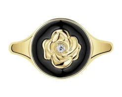 Online Apart Pierścionek z żółtego złota z diamentem i emalią - sygnet, kwiat - 0,004 ct - próba 375