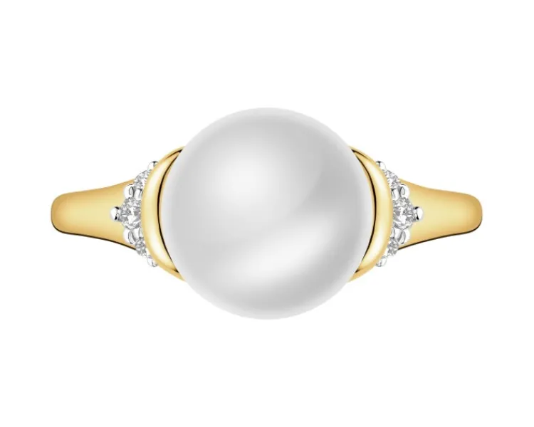 Sale Apart Pierścionek z żółtego złota z diamentami i perłą - próba 585