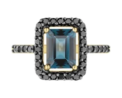 Outlet Apart Pierścionek z żółtego złota z czarnymi brylantami i topazem London Blue - próba 585