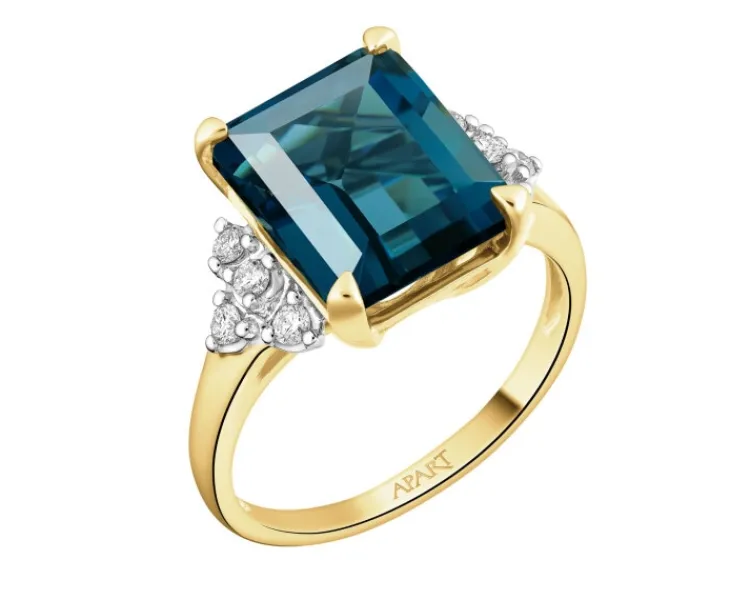 Sale Apart Pierścionek z żółtego złota z brylantami i topazem London Blue - próba 585
