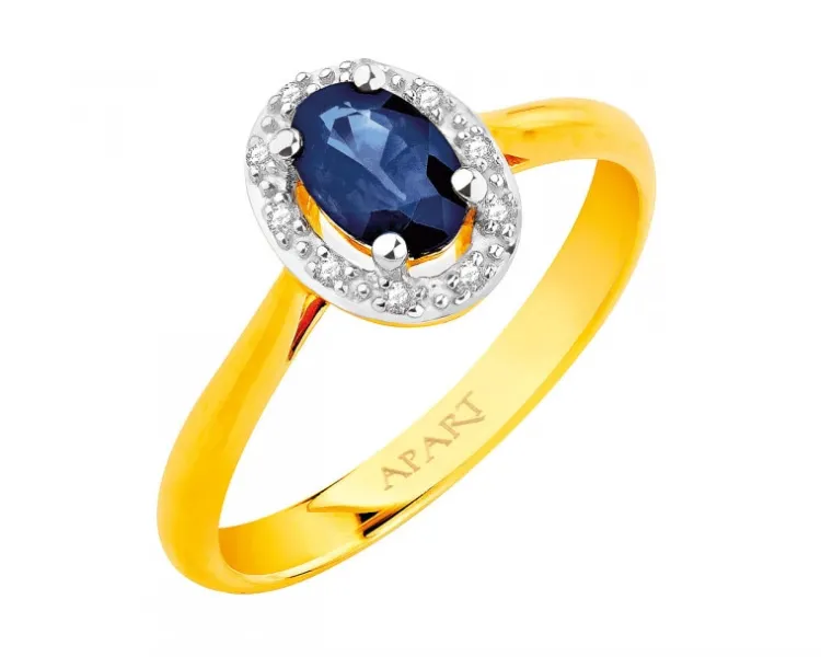Discount Apart Pierścionek z żółtego złota z diamentami i szafirem - próba 585