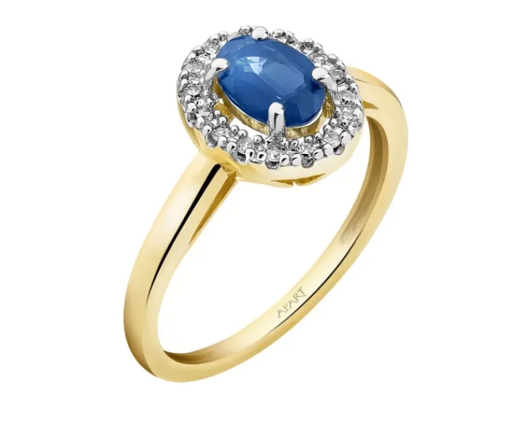 Discount Apart Pierścionek z żółtego złota z diamentami i szafirem - próba 585