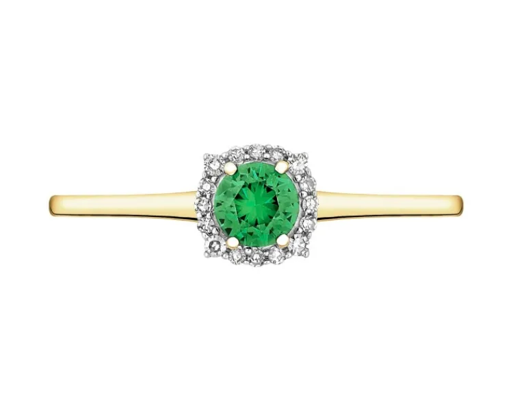 Discount Apart Pierścionek z żółtego złota z diamentami i szmaragdem syntetycznym - próba 375