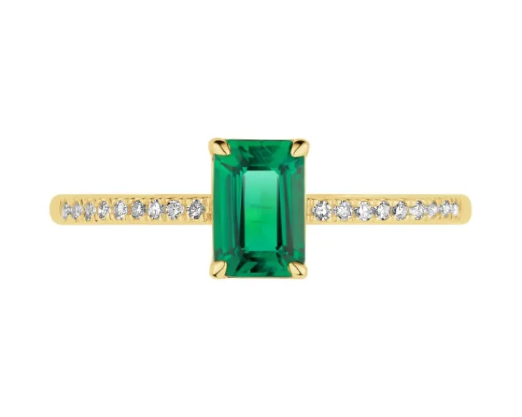 Discount Apart Pierścionek z żółtego złota z diamentami i szmaragdem syntetycznym - próba 585