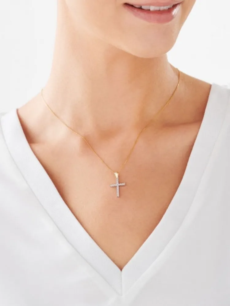 Apart Zawieszka z białego i żółtego złota z diamentami - krzyż - 0,04 ct - próba 375