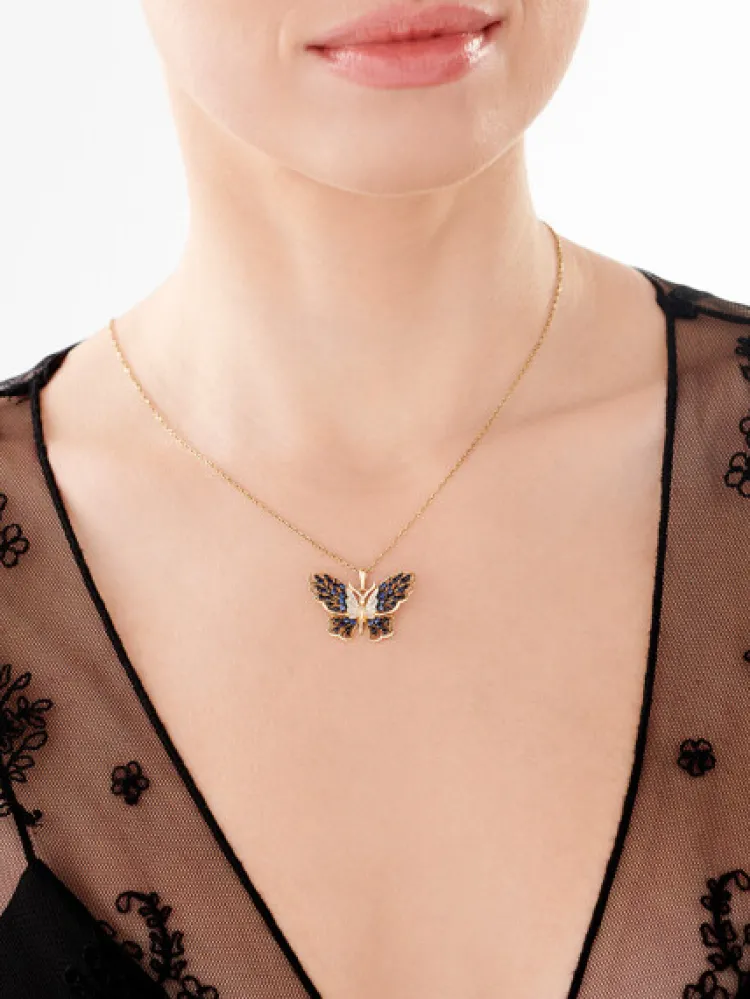 Apart Zawieszka z żółtego złota z diamentami i szafirami - motyl - próba 585< Zawieszki