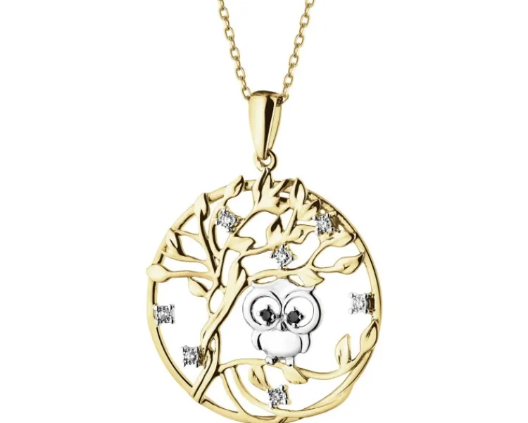 Online Apart Zawieszka z żółtego złota z diamentami - drzewko, sowa - 0,05 ct - próba 585